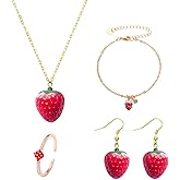 bike8 Strawberry Jewelry Set for Women 3D Simulation Strawberry Necklace Earrings Cute Red Strawberry Necklace Earrings Bracelet Ring Sweet Fruit Jewelry Set