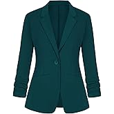 LADI TREND Blazers for Women Dressy Casual Ruched 3/4 Sleeve Lapel Button Work Office Cardigan Suit Jacket with Pockets