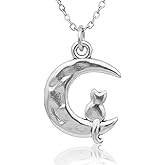 EnCharmed Stainless Steel Cat Sitting on Crescent Moon Necklace, Handmade Celestial Feline Charm Jewelry