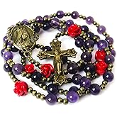 Immaculate Heart of Mary Purple Amethyst Stone and Red Rose Rosary and Bracelet Set - Catholic Rosary - Rosarios Catolicos - Catholic Gifts Women - Regalos Catolicos Para Mujer, Stone, Amethyst