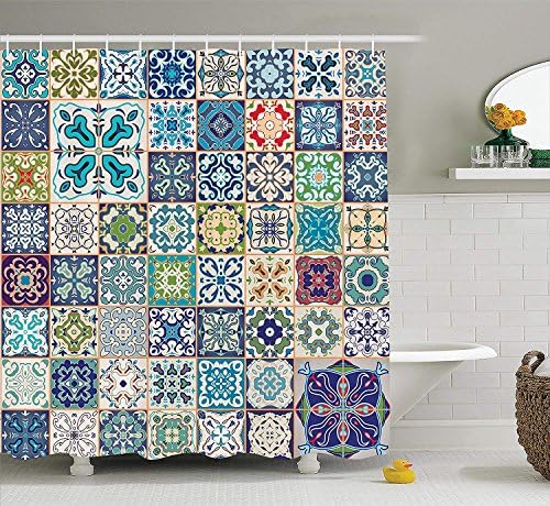 tgyew Moroccan Decor Shower Curtain Set, Floral Patchwork Design with Arabesque Figure and Shapes Mediterranean Symbolic Artisan Work, Bathroom Accessories, 60W X 72L Inches Extralong, Multi