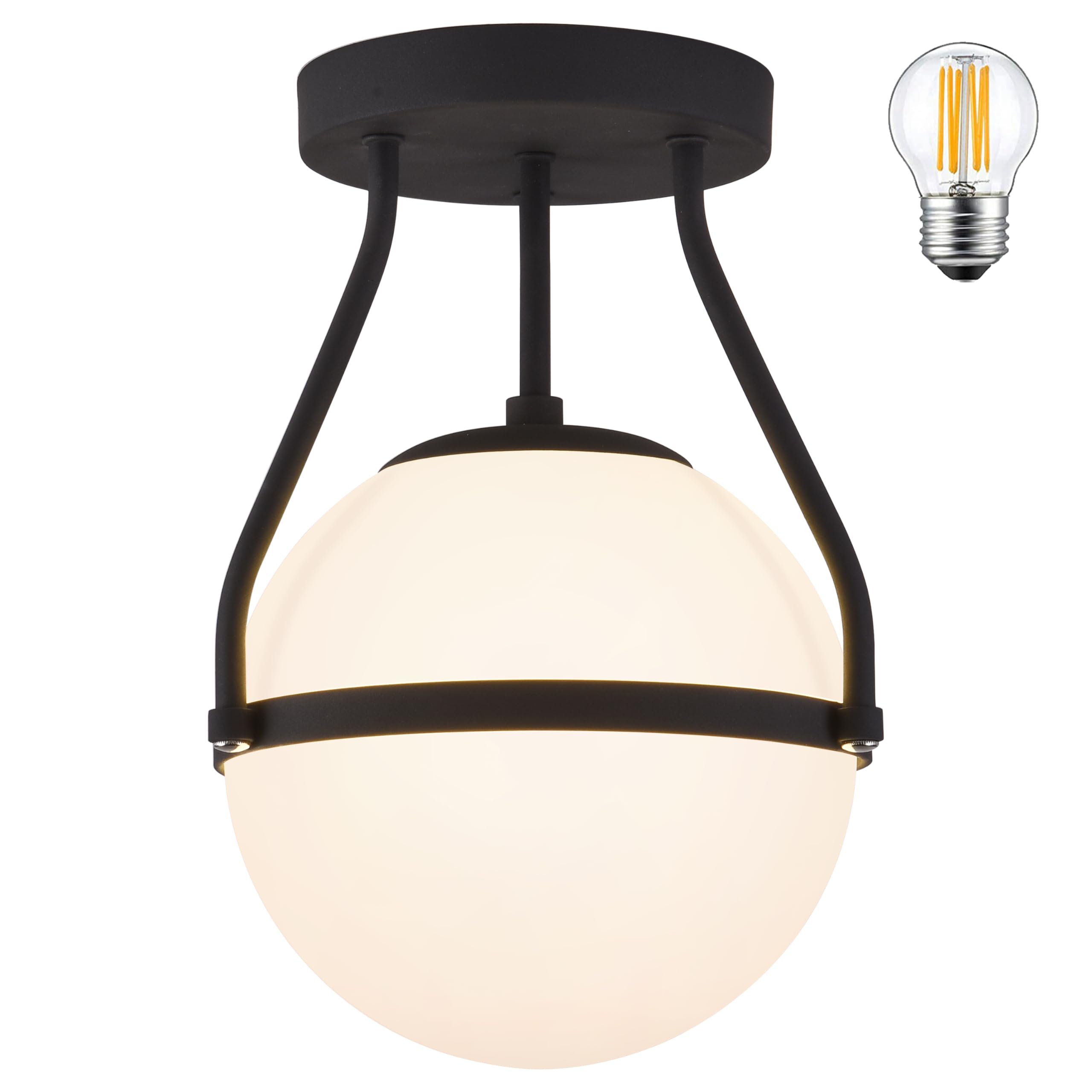 Photo 1 of Bagood Globe Semi Flush Mount Ceiling Light Mid Century Modern Globe Ceiling Light Fixture with Milk Glass Shade Black Finish for Living Room Hallway Kitchen Island Dining Room Laundry (Bulb Incl.)