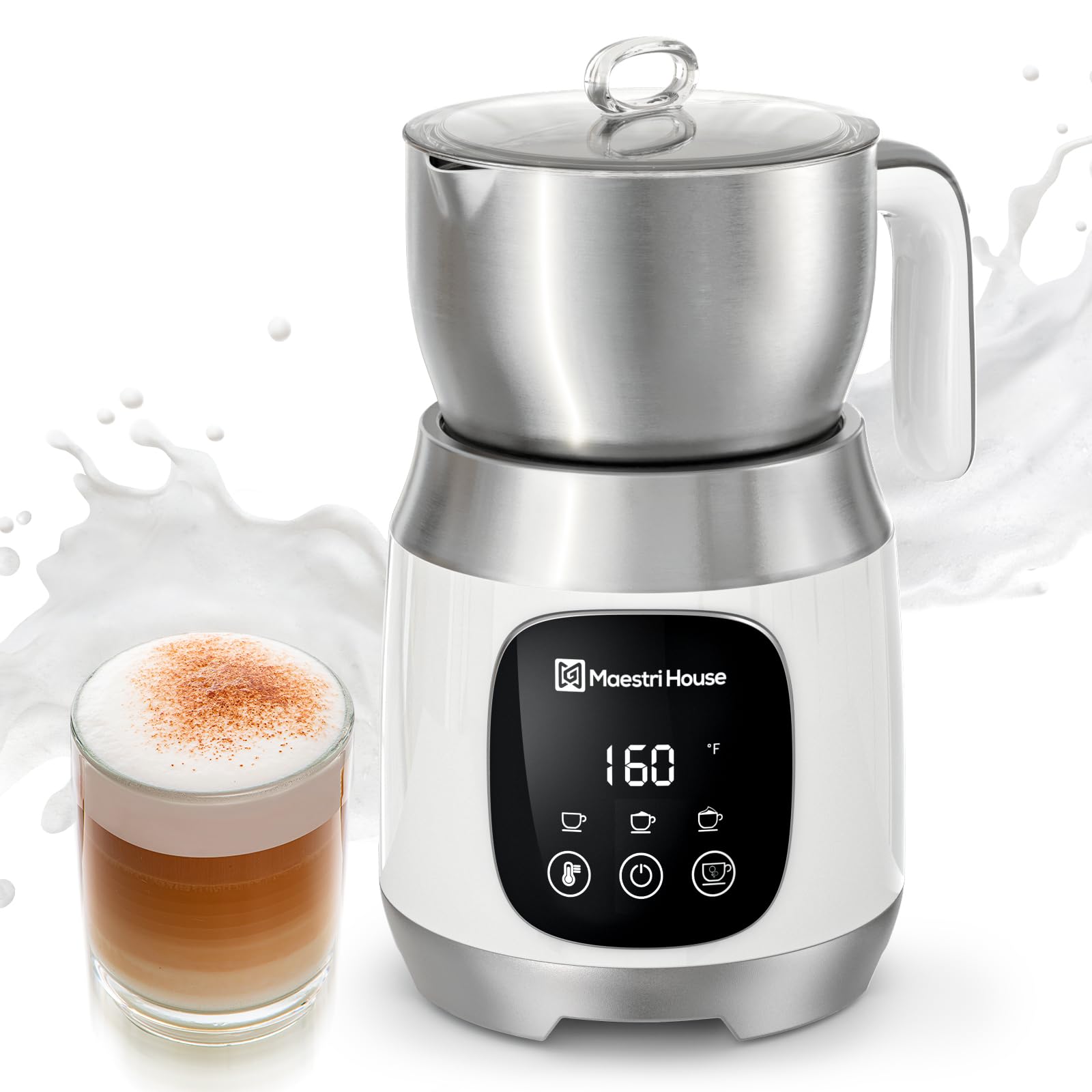 Photo 1 of Maestri House Milk Frother, Variable Temp and Froth Thickness DualFro 600 Milk Frother Steamer, 21OZ Smart Touch Control Milk Warmer, Dishwasher Safe, Memory Function for Latte&Hot Chocolate (White)