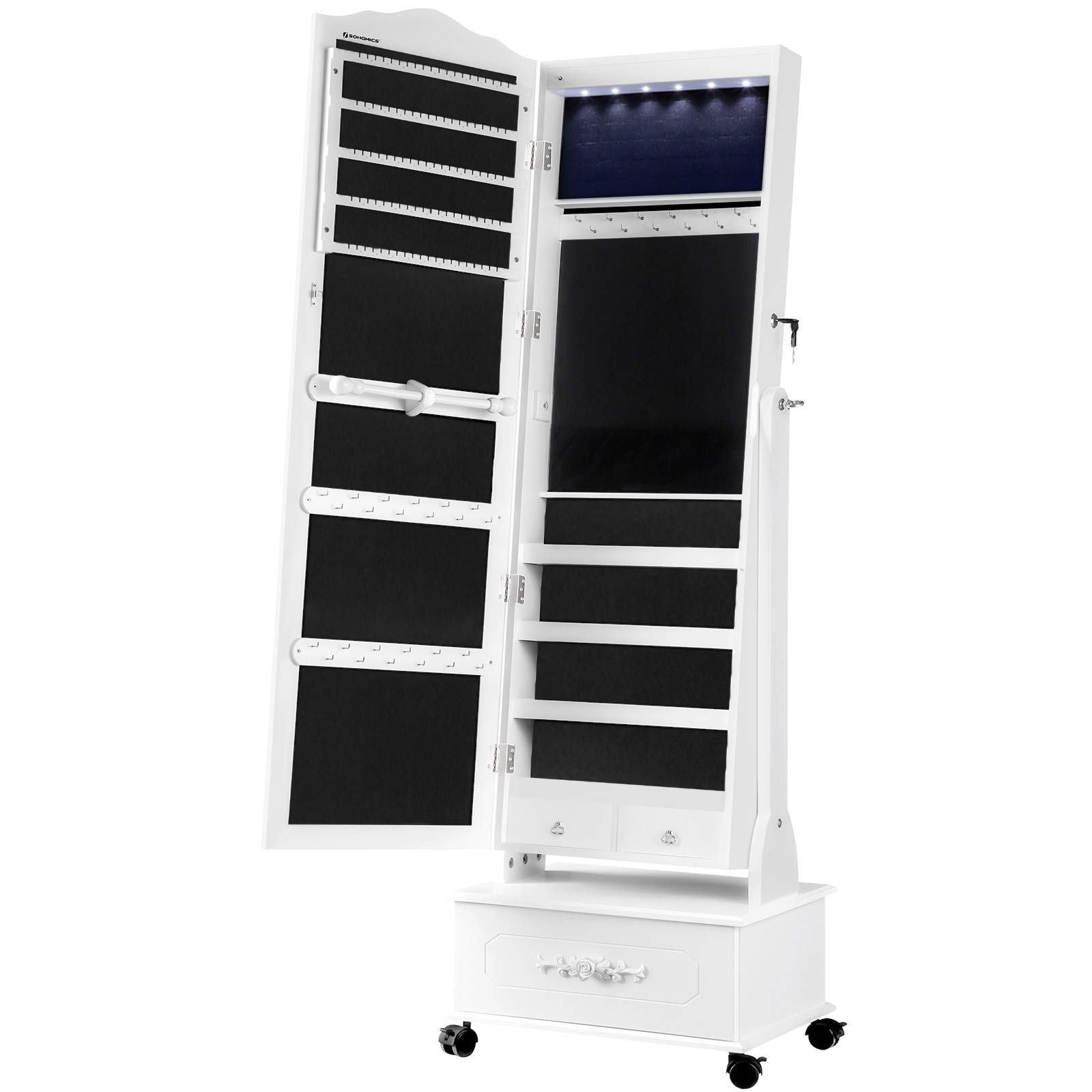 SONGMICS Jewelry Cabinet with Wheels, Mirror, Lockable Freestanding Jewelry Organizer with LED Lights, Large Drawer, White UJJC061W01 Image