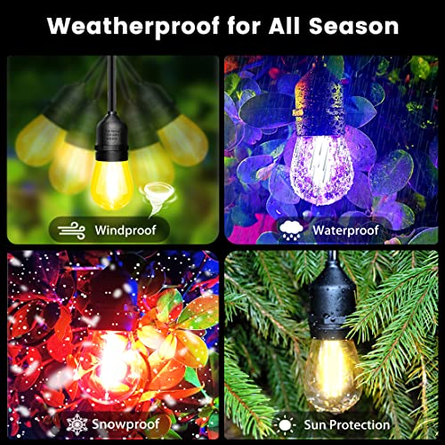 QQARORSUN Colored String Light Outdoor Remote Control, Dimmable Waterproof &Shatterproof E26 Bulb String, 15 Sockets Linkable Commercial Grade Hanging 48ft String Light RGB for Café, Backyard, 1-Pack
