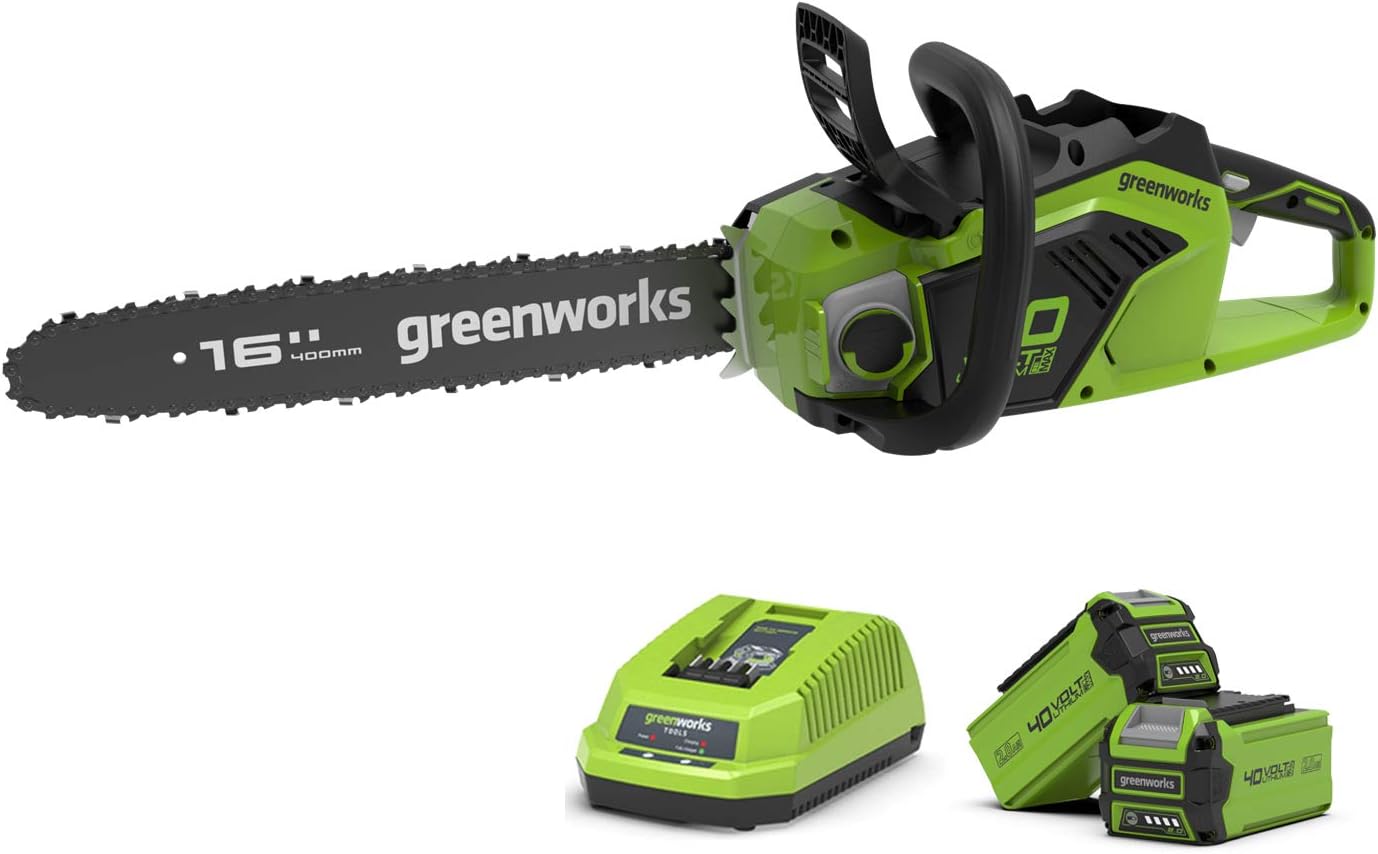 Greenworks GD40CS18K2X Cordless Chainsaw with Brushless Motor, 40cm Bar Length, 20m/s Chain Speed, 3.81kg, Auto-Oiler
