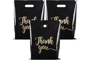 ZORRITA 100 Pack Thank You Bags for Small Business, 12 x 15 Inch Plastic Shopping Bags with Handles Retail Merchandise Bag Extra Thick Gift Bag Bulk (Black)