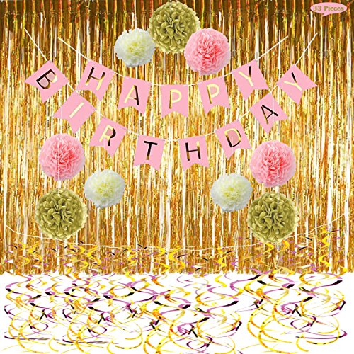 Happy Party Decoration Supplies Kit- Gold Fringe Curtain Pink Banner Pom Poms Tissue Flower Hanging Foil Swirl for 1st Birthday Girl Decor, Decorate for Princess/ Anniversary/ Baby/Bridal Shower Theme