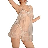 OYOANGLE Women's 2 Piece Sheer Bow Babydoll Lingerie Set See Through Ruffle Chemise Nightgown and Thongs Sleepwear