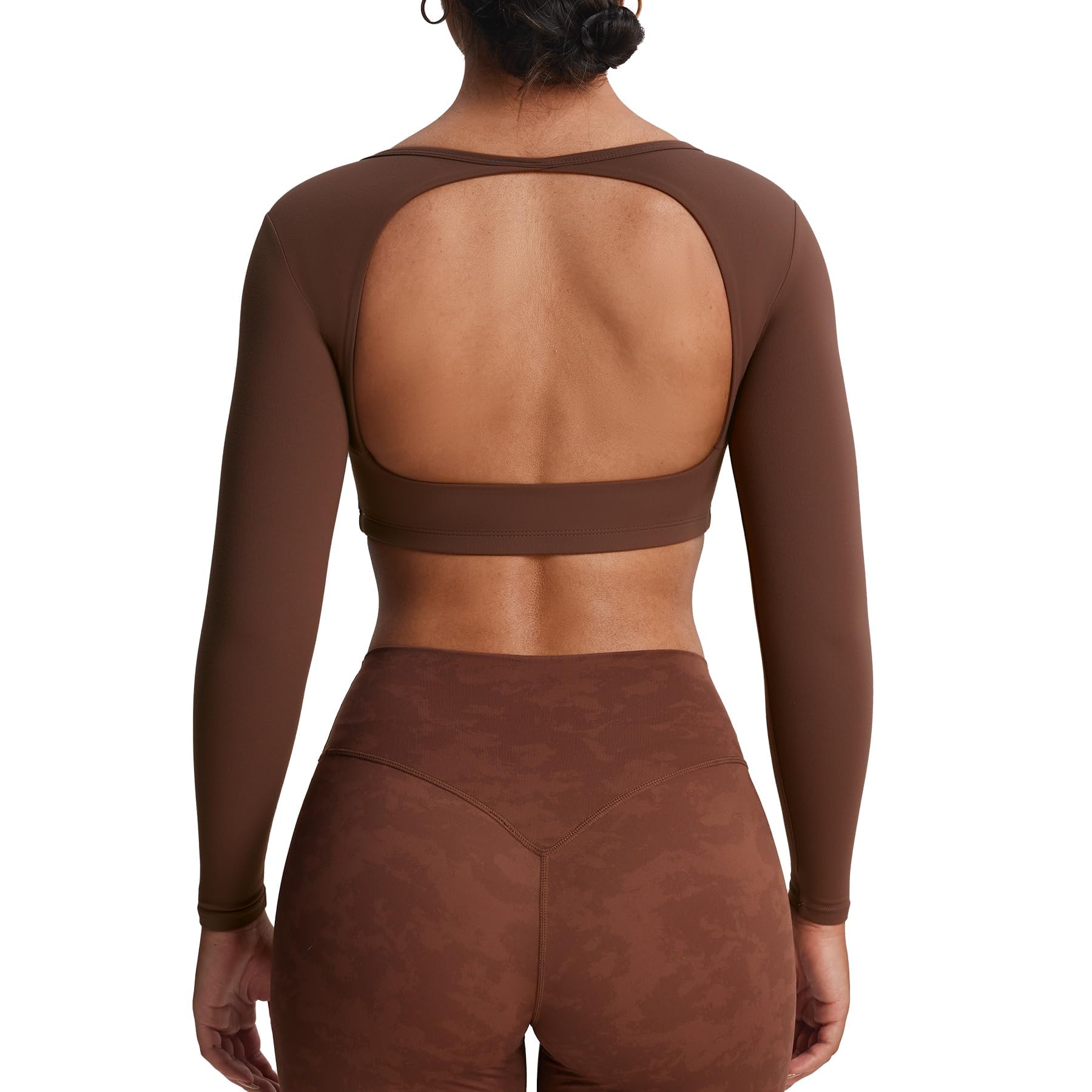 Aoxjox Workout Long Sleeve Crop Tops for Women Clarissa Backless Gym Cropped T Shirt Top (Dark Brown, X-Large) Image