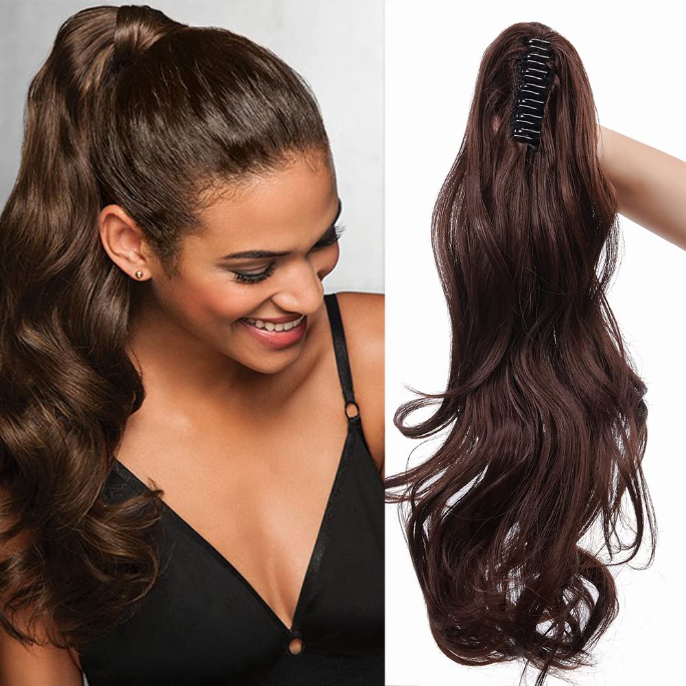 Claw On Ponytail Extension Matte Material 18 Inch/45cm Curly Wavy Clip In Pony tail Synthetic Hairpiece, Medium Brown