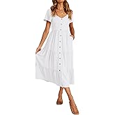 KIRUNDO Women 2025 Spring Summer Casual Short Sleeve Midi Dress Button V Neck Tiered Vacation Sundress with Pockets