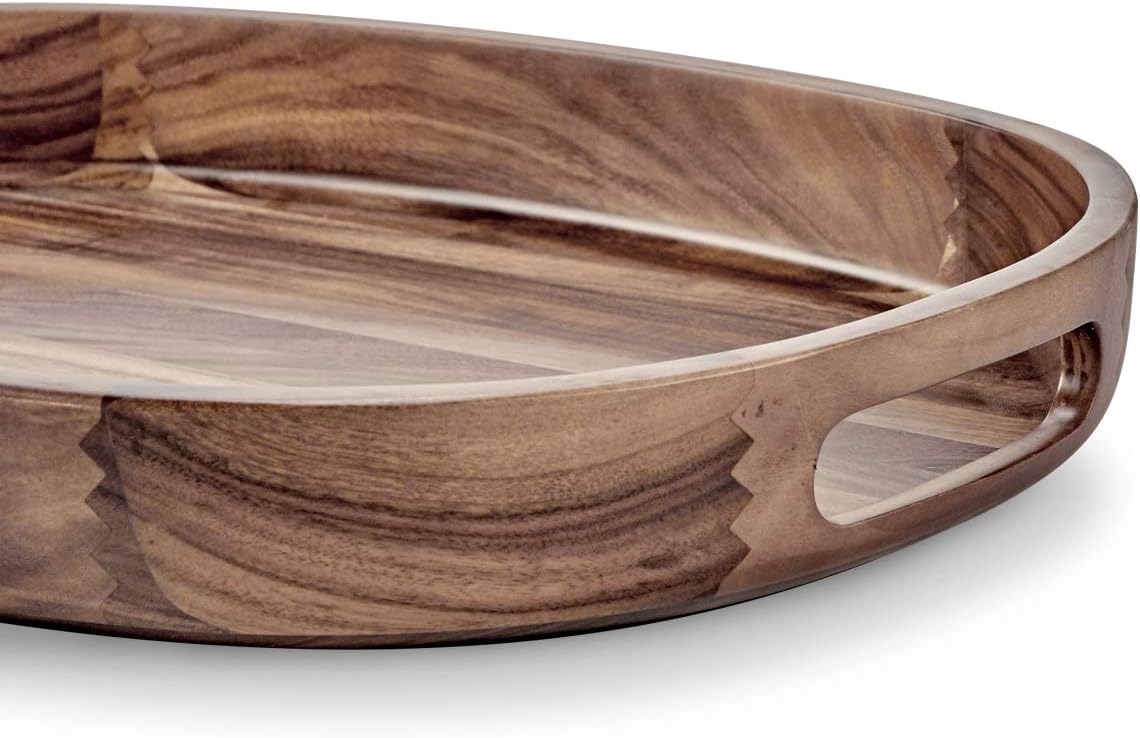 Wooden Serving Tray - Oval Acacia Wood Decorative Tray with Handles for Parties and Breakfast in Bed or on Ottomans - 17 x 11.75 x 2 Inches: Home & Kitchen