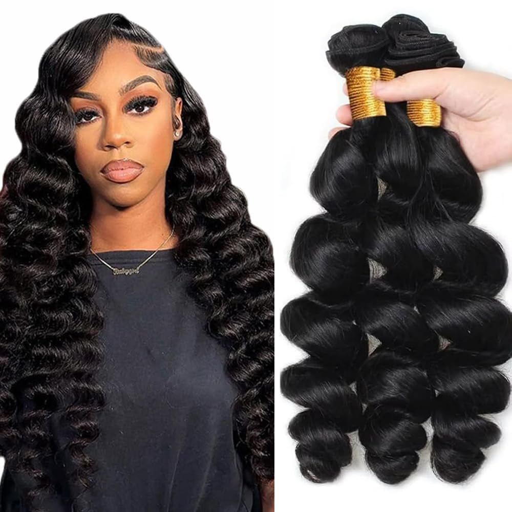 Photo 1 of #1B Human Hair Bundles Loose Deep Wave Bundles 20 22 24 Inch Unprocessed Brazilian Virgin Hair Weave 3 Bundles Human Hair Extensions Natural Color Bundle 50 Grams Per Bundle