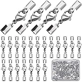 SUNNYCLUE 1 Box 40 Sets Fold Over Cord End Crimp Bracelet Clasp Leather Clasps and Closures Stainless Steel Lobster Claw Clasps Cord Clamp End Caps Terminators Crimp End Tips for Jewelry Making Kits