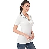 AmélieBoutik Women Collared V Neck Short Sleeve Polo Shirt Knit Slim Fitted Casual Tops