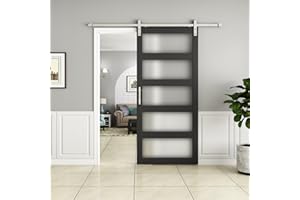 BARNSMITH 36in x 96in Glass Barn Door with 6.6FT Nickle Sliding Door Hardware Included, 5-Panel Frosted Glass Sliding Barn Door, Solid Wood Covered with Water-Proof PVC Surface, Easy Assembly, Black