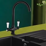 Funime Kitchen Mixer Tap White Ceramic Dual Lever Matte Black Swan Neck 360° view 8