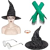 WeKen 4PCS Witch Costume Set for Women- Black Witch Hat,Round Glasses,Green Claw Gloves & Ring- Dress-Up Kit for Halloween Costume Party