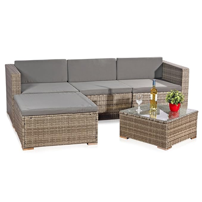 Melko® 5tlg. Ecksofa Lounge Rattanmöbel Sitzgruppe mit Tisch und Polster aus Polyrattan für Garten Terrasse, ca. 209 x 150 cm