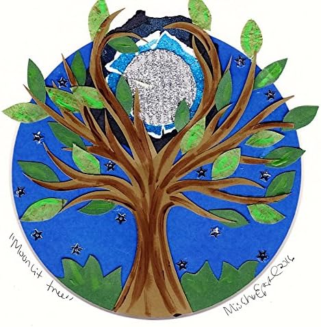 Moonlit Tree with Stars Hand Cut Collage Art Crafted From Handmade Paper Signed Matted and Framed
