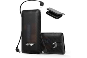 LIPSWEET Portable Power Bank, Slim 10000mAh Portable Charger, USB C Fast Charging External Battery Pack with Built-in Cables and AC Wall Plug, Compatible with iPhone Samsung Tablet etc