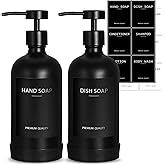 Black Glass Soap Dispenser with Stainless Steel Pump, 16.9 Fl oz Soap Dispenser Set for Kitchen, Matte Black Hand Dish Soap Dispensers for Kitchen and Bathroom, Lotion Dispenser Bathroom Decor
