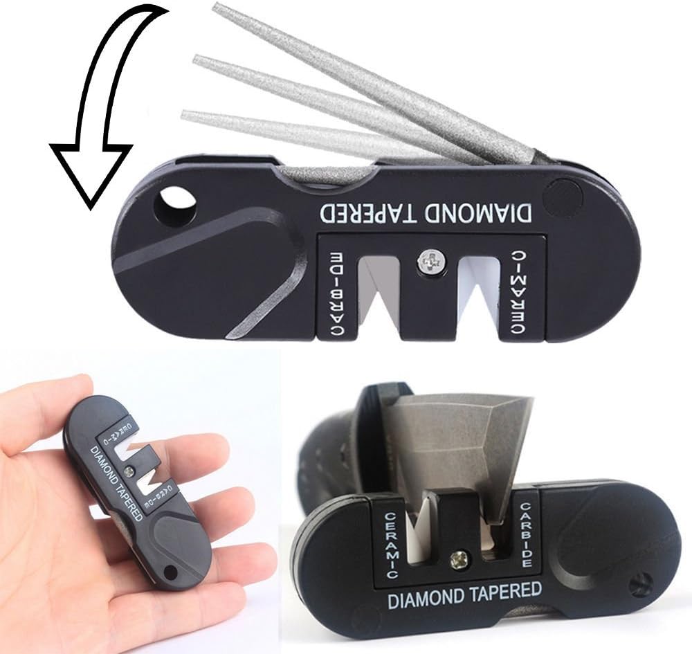 Knife Sharpener, EDC Gear Pocket Knife Sharpener 3 Stages [Ceramic + Carbide + Diamond Tapered] Kitchen Outdoor Knife Sharpener with Keychain Hole Portable for Survival Hunting Fishing Camping