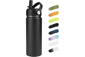 Kerilyn Stainless Steel Water bottle with Straw & Wide Mouth Lid, Wide Rotating Handle, 18oz Double Wall Vacuum Insulated Water Bottle Leak Proof, BPA Free, Keep Cold and Hot, 18oz, Black