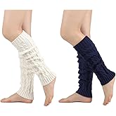 Eiodlulu Women's Cable Knit Leg Warmers, White and Navy Blue, Winter Boot Socks for Dance, Yoga, 80s Party, 2 Pairs