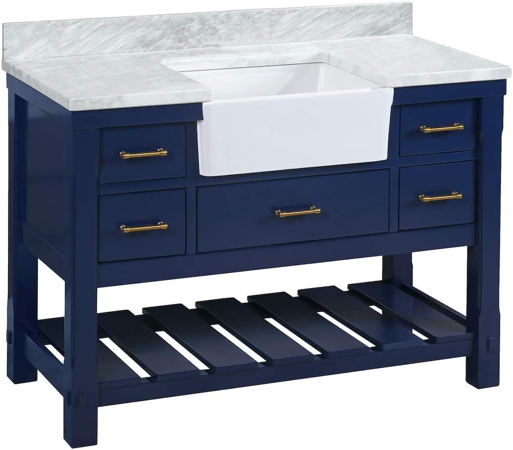 Amazon Com Charlotte 48 Inch Bathroom Vanity Carrara Royal Blue Includes Royal Blue Cabinet With Authentic Italian Carrara Marble Countertop And White Ceramic Farmhouse Apron Sink Kitchen Dining
