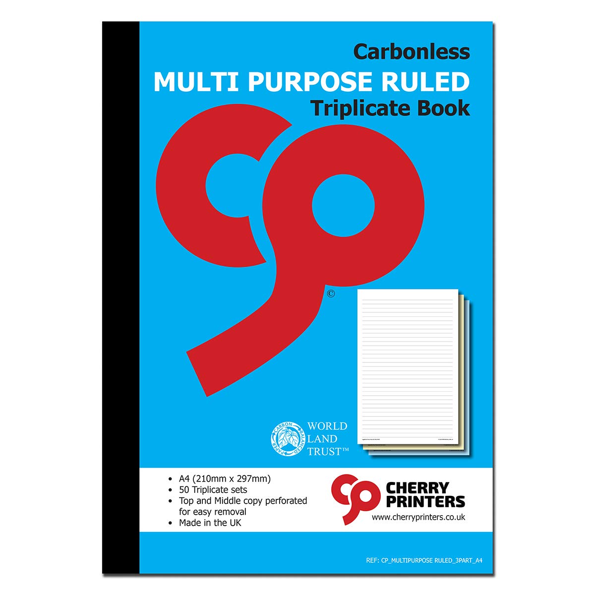 Cherry Printers | Carbonless Multi-Purpose Ruled Triplicate Book A4 | 50 Triplicate Sets | Top and Middle Copy Perforated for Easy Removal | Made in the UK | Professional Writing Pad