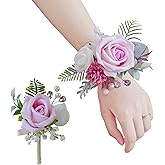 BECIEM Pink Corsage and Boutonniere Set, Prom Wedding Homecoming Wrist Corsage Wristlet and Boutonniere Set for Grooms Groomsmen Guest Bridal Bridesmaid Artificial Flower Suit Decoration