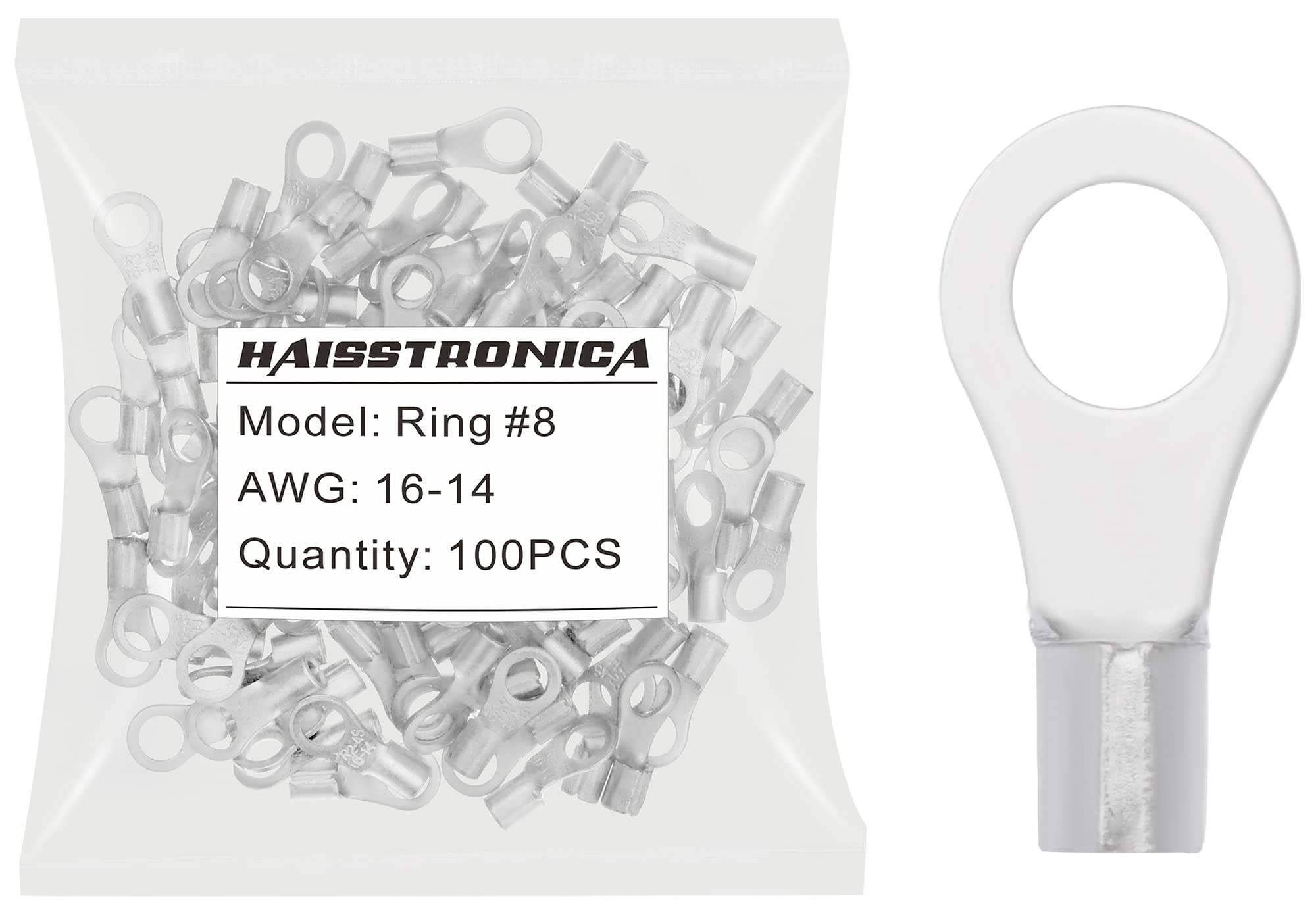 Photo 1 of haisstronica 100pcs #8 Ring Terminals,AWG 16-14 Brazed Seam Non-Insulated Copper Wire Connectors