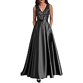 Long Satin Mother of The Bride Dress V Neck Sequin Prom Party Dresses Sleeveless Evening Gown DDSQ001