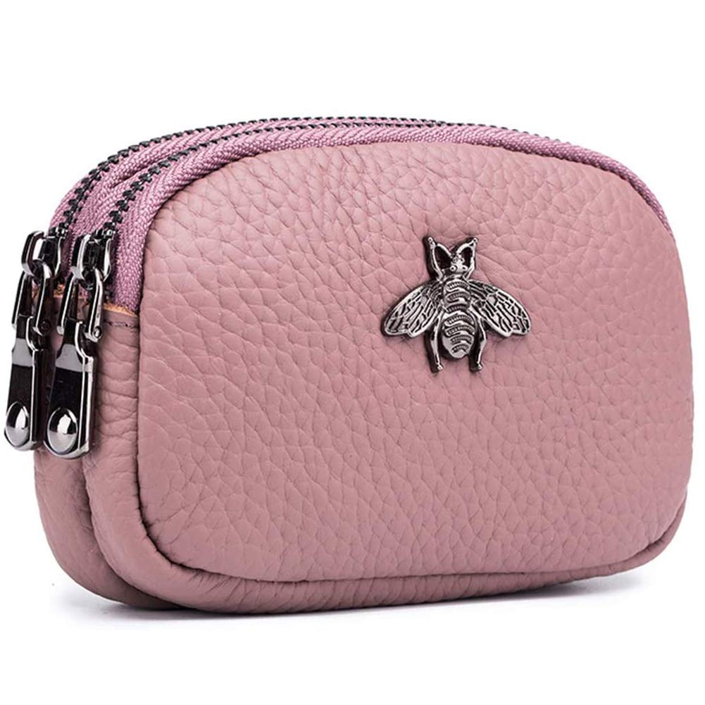 Alouweekuky Genuine Leather Coin Purse Women Large Capacity,Small Portable Purses for Women with Zip,Ladies Purse for Change Coins Credit Cards Keys Earphones Lipstick Storage(Pink)