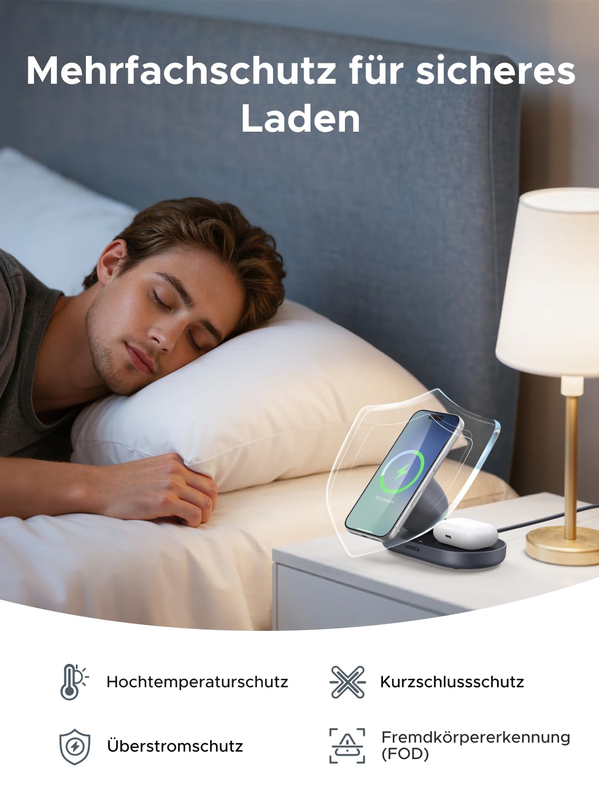 UGREEN Zapix 2-in-1 Magnetisches Kabelloses Ladegerät 15W, Qi2 zertifizierte iPhone Ladestation kompatibel mit MagSafe für iPhone 17/16/15/14/13/12 Serie & AirPods, mit 1M Kabel - Schwarz 6