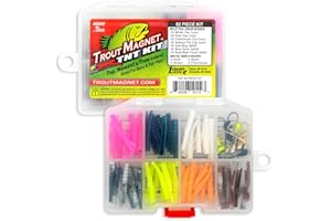 Trout Magnet TNT Kit – 82-Piece Set with 70 Soft Plastic Bodies & 12 Jig Heads – Top 7 Hot Colors – Includes 1/64oz Shad-Dart Heads in Gold, Black, Silver & Chartreuse – Ultimate Trout Fishing Lure