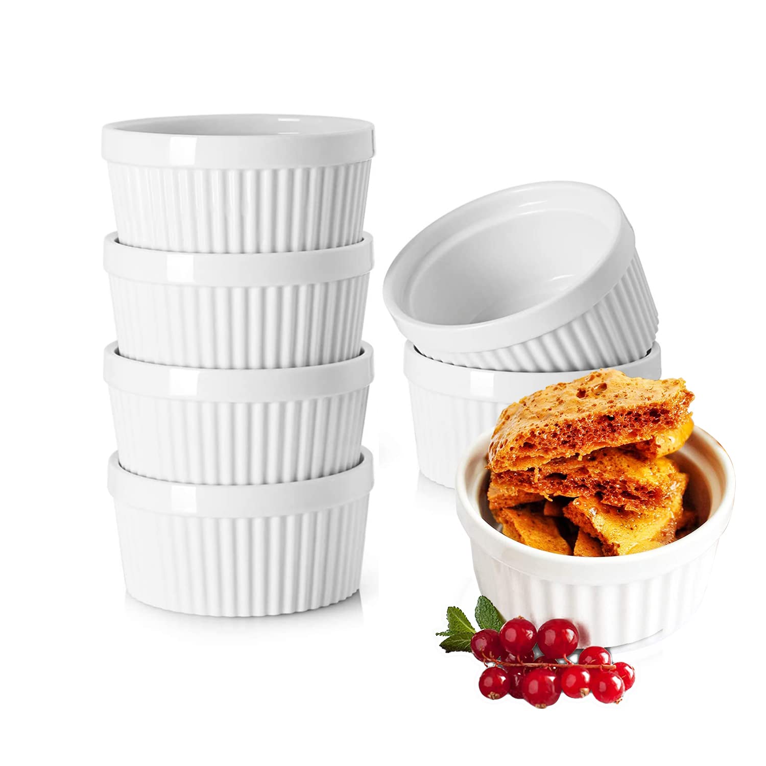 YBCPACK 150ml Ramekins Set of 6 - Porcelain Souffle Dish for Small Cakes, Creme Brulee,Pudding and Ice Cream，Also Great as Serving Dish for Sauces and Side Dishes