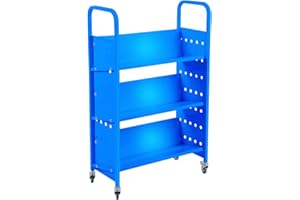 GUDESEN Book Cart w/ 3 Sloped Shelves Double-Sided Book Truck 450LBS Rolling Library Cart with 4 Swivel Lockable Casters for School Library,Home and Office/Blue