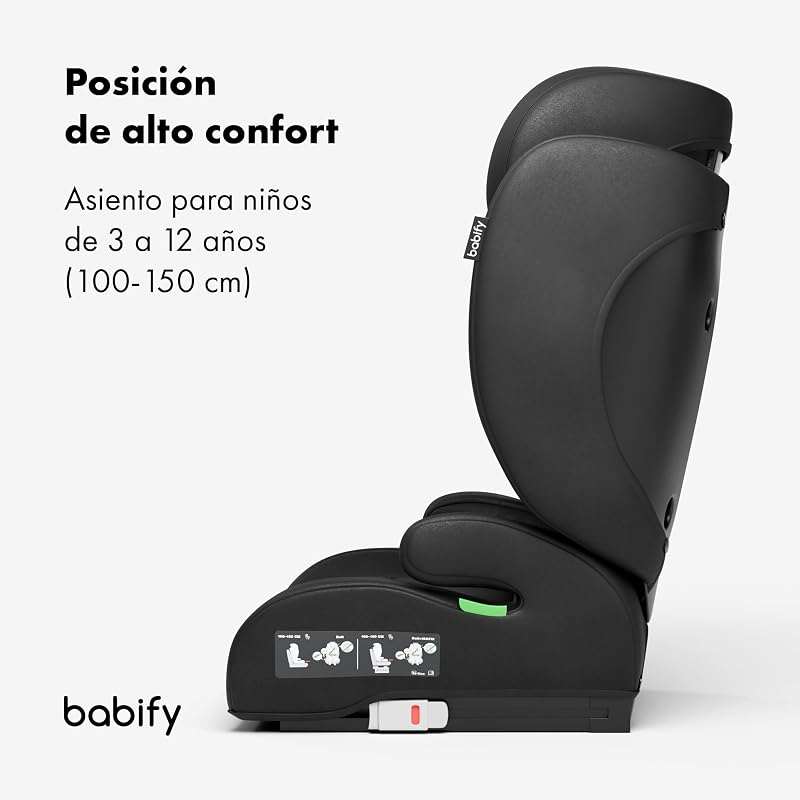 Babify FlexiFit Basic Baby Car Seat - Grupo 2/3 (15-36 kg), ISOFIX, Encosto de cabeça de 13 posições, Dobrável, Capa Lavável, ECE R129, Preto