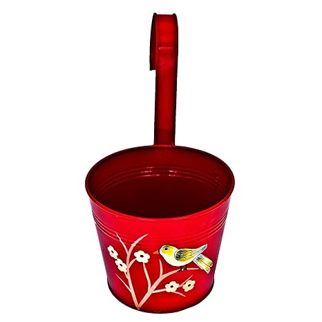 BEE Garden Designer Metal Hanging Painted Round Railing Planters Flower Pots with Hand Printed Design On Stainless Steel Pot For Wall Hanging Indoor/Outdoor for Railing Garden Balcony Wall Fence Round Hanging Balcony Pot.