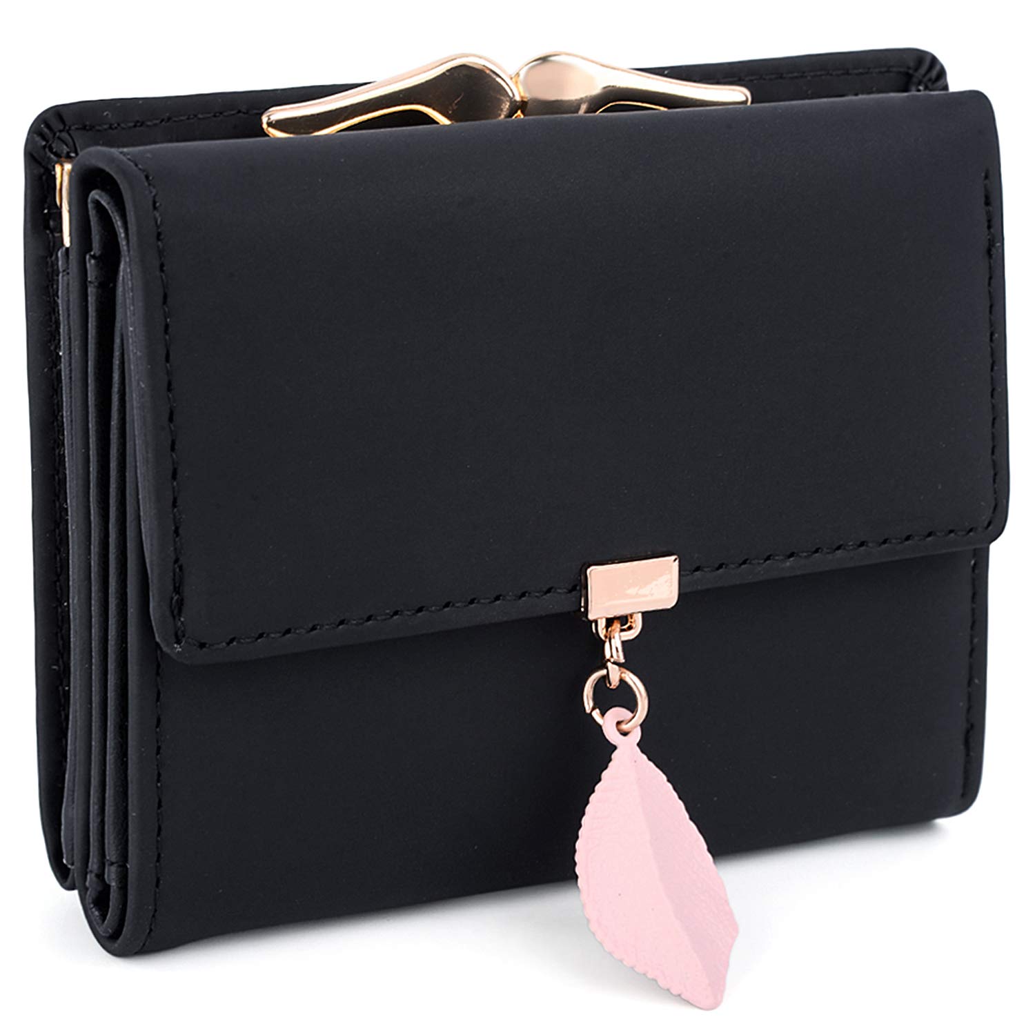 UTO Small Cash Wallet for Women Ladies Coin Purse Multi Card Slots Leaf Pendant Kiss Lock Faux Leather Black — image 1