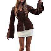 MakeMeChic Women's Y2K Long Bell Sleeve Cardigans Sweater V Neck Button Down Open Front Knit Fall Clothes