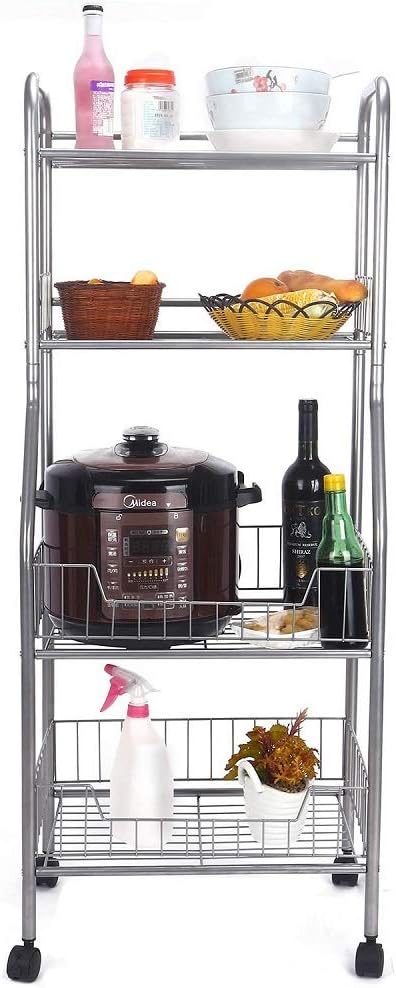 4 Tier Metal Kitchen Bakers Rack Rolling Utility Cart Microwave Oven Stand Storage Rack Strong Mesh Wire Metal Shelves Organizer Fruit Vegetable Storage Basket - Standing Baker's Racks