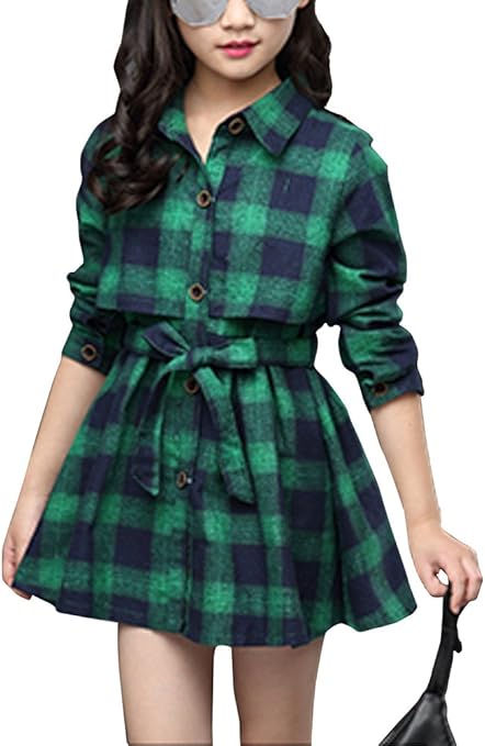 Amazon ガールズ チェックシャツ ワンピース 綿 ウェストひも付き 長袖 春 秋 子供服 女の子 キッズ 3種類 通学 通園 子供ドレス 発表会 卒園式 入学式 ワンピース チュニック 通販