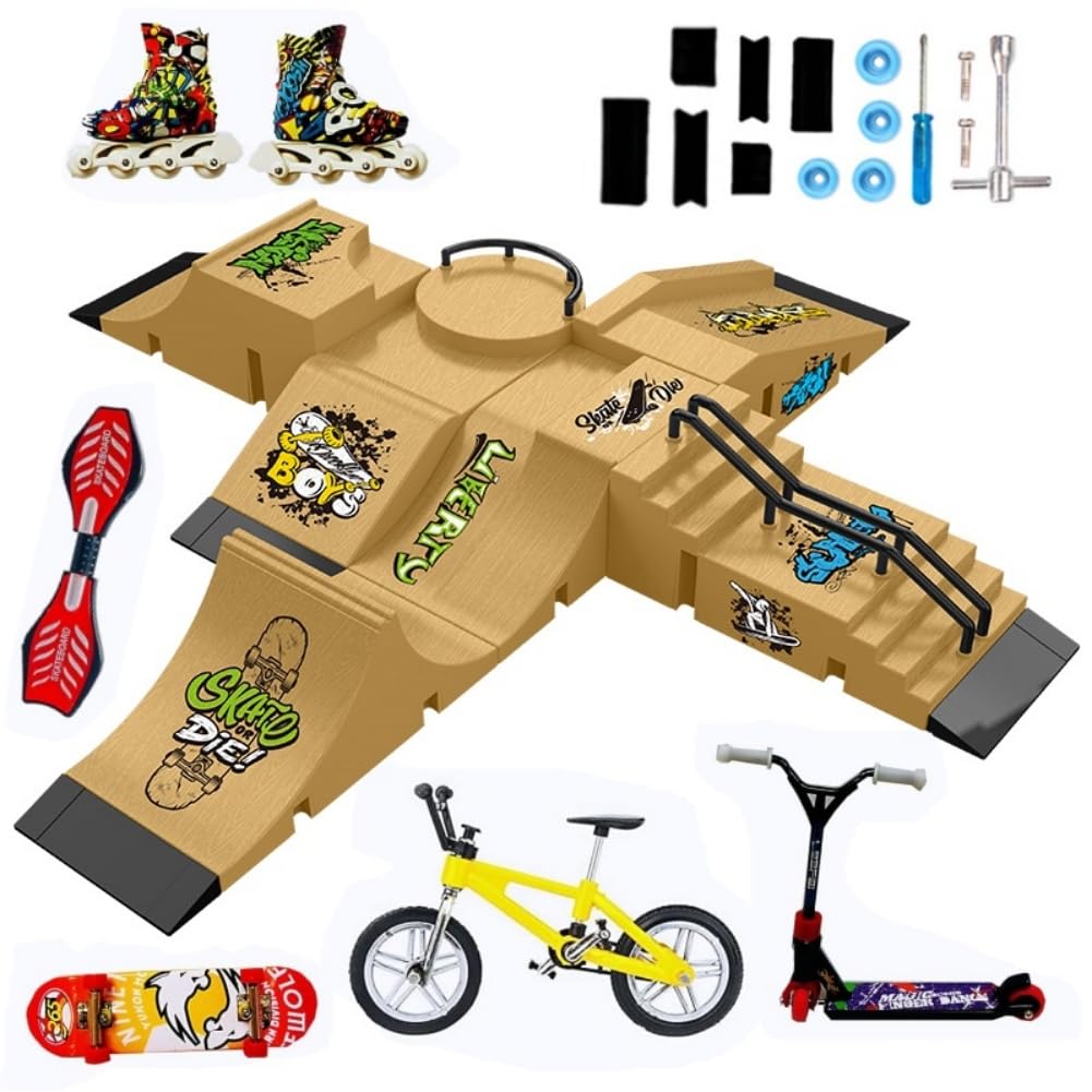 Fingerboard Skate Park Kit,Skateboard Finger Toys with 13 Pieces of Skateboards, Ramps, Skates, Scooters, Bikes and Caster Boards, funny Mini Finger Board Skate Training parts (YELLOW)