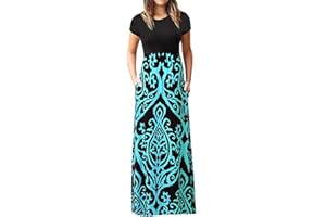 WEINEXRA Women's Short Sleeve Maxi Dresses Floral Printed Loose Plain Long Dress Empire Waist Beach Sun Dresses with Pockets