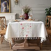 AMZALI Table Cloth Embroidery Floral Pattern Wrinkle Free Heavy Weight Cotton Linen Farmhouse Tablecloth Decorative Fabric Tassel Table Cover for Outdoor and Indoor Use (Square 55 x 55 Inch)