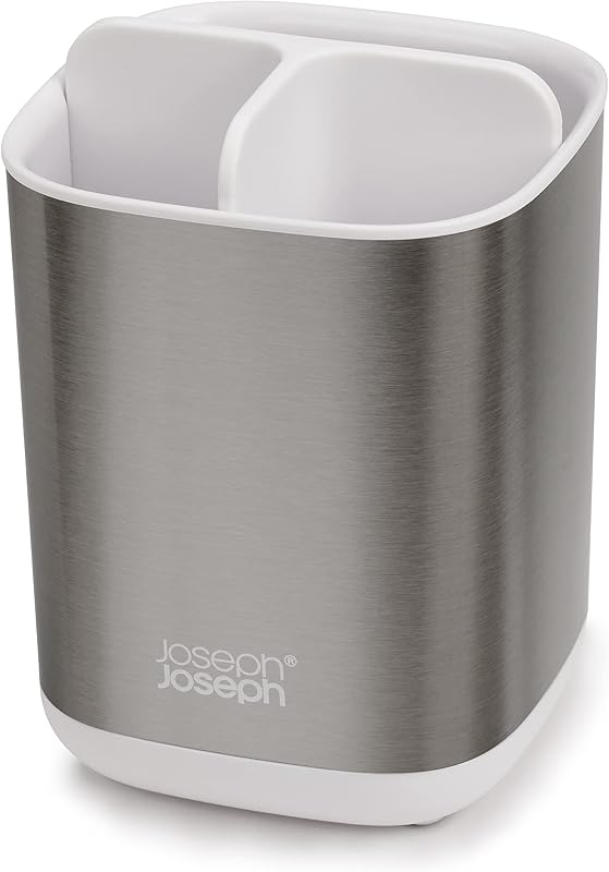 EasyStore- Porte-brosse à dents et dentifrice, compatible avec les brosses à dents électriques et traditionnelles, 3 compartiments, rangement détachable salle de bain- Moyen, Acier Inox